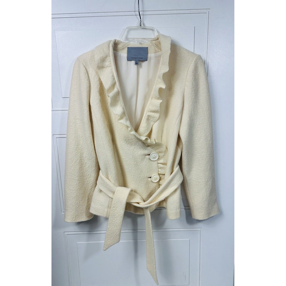Women's M Classique Entier Cream Jacket Ruffle Accent Tie Waist 100% Merino Wool